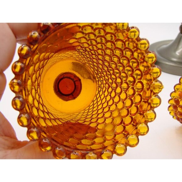 Set 2 Wooden Metal Candle Holders w/ Thousand Eye Hobnail Votives Amber Vintage - Picture 6 of 12
